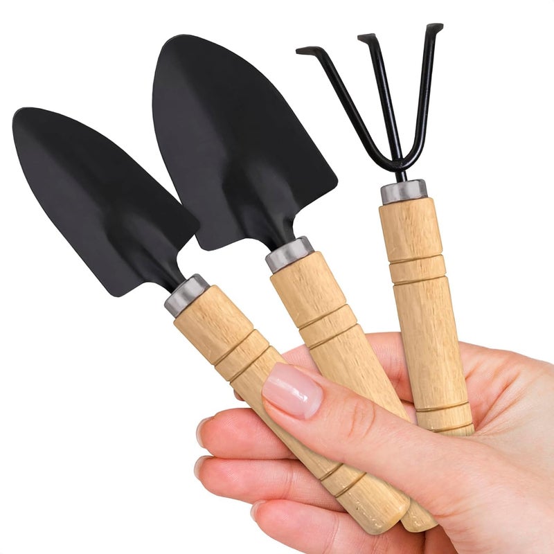 DIMROM Small Garden Tools - 3 Pcs Mini Garden Tools Set with Small Trowel, Mini Shovel & Hand Rake Made of Rust-Resistant Iron & Solid Wood - Indoor Gardening Tools Set for Succulent, Bonsai & Pot Plants - Image 1